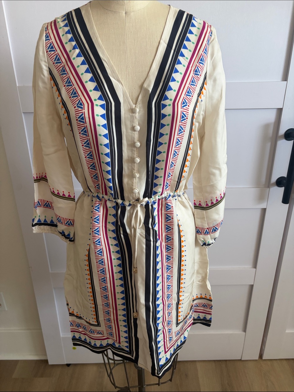 Johnny Was Cream Multicolor Printed Tie-Waist Mini Dress